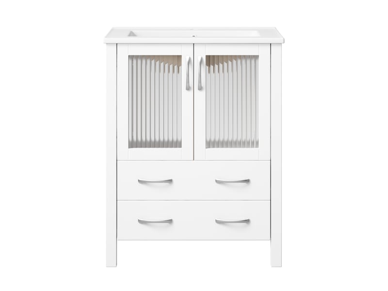  Meuble salle de bain 61 cm sur pied blanc brillant avec lavabo céramique et portes en verre strié  - Conforama A
