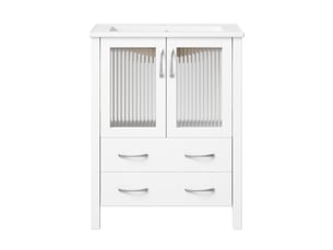 Meuble salle de bain 61 cm sur pied blanc brillant avec lavabo céramique et portes en verre strié