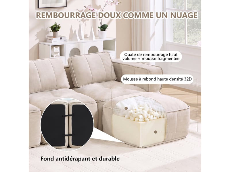  Canapé modulable d’angle en u 3 places en polyester beige, 271 x 162 x 67 cm, sans montage, mousse haute densité 32d, assise profonde, avec 2 poufs Luxe haut de gamme - Conforama E