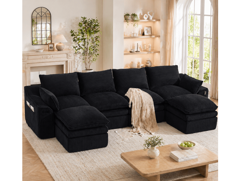 Canapé modulable 4 places en velours côtelé noir avec 2 poufs, coussins et poches latérales - Conforama B