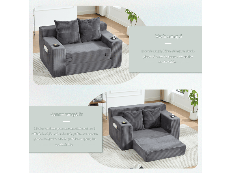  Canapé droit 2 places en velours côtelé gris avec poches latérales, 151 cm Fay Lum - Conforama W
