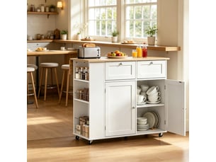 Îlot de cuisine moderne avec plateau rabattable, meuble de rangement, chariot cuisine, blanc