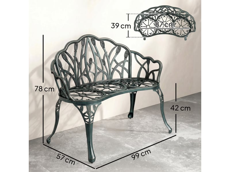  Banc de jardin en aluminium moulé, banc extérieur 2 places avec dossier tulipe, assise florale, 99x57x78cm, vert antique  - Conforama E