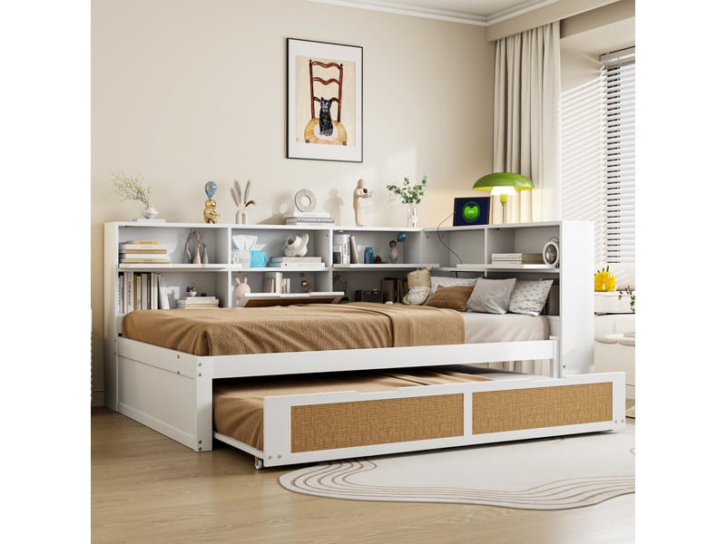  Canapé-lit en bois massif 140x200 cm avec lit gigogne, lit enfant avec port de recharge, blanc, lit double  - Conforama C