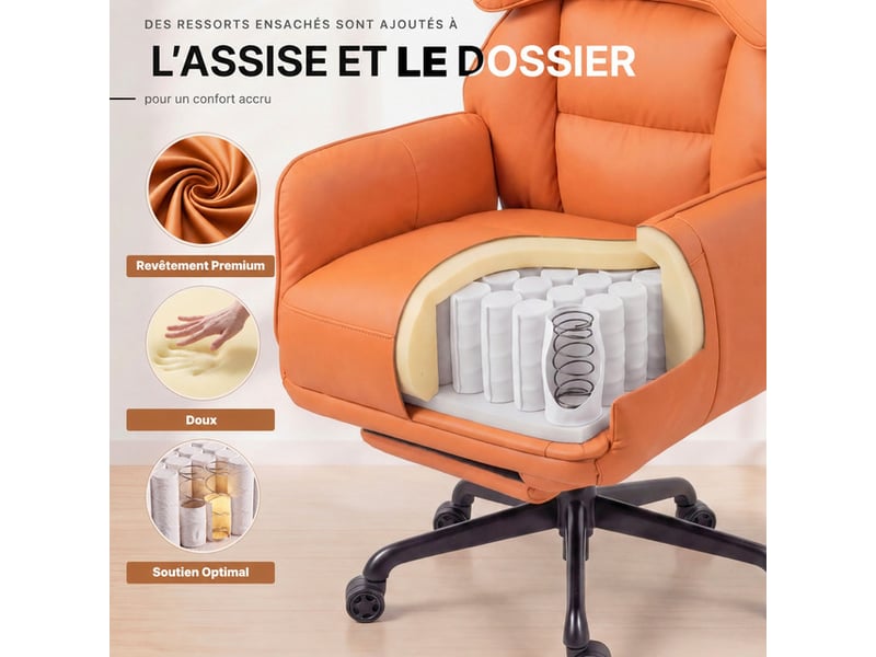 Dowinx fauteuil gaming ergonomique couleur orange avec massage, ressorts ensachés, réglages multiples, revêtement en similicuir pu, grand format - Conforama C