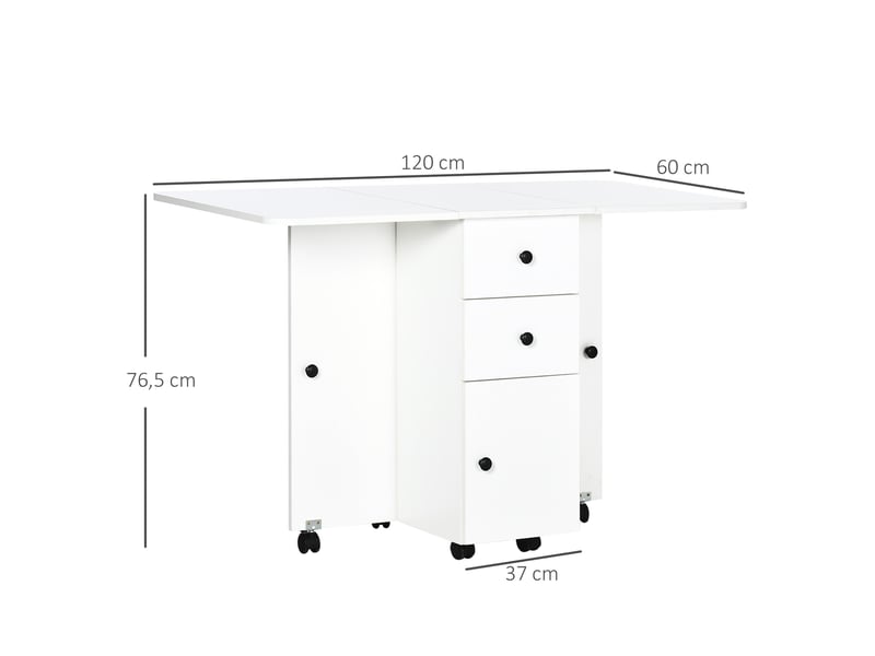  Table pliante à roulettes avec abattants, table d'appoint multifonctionnelle avec rangement, 120 x 60 x 76,5 cm, blanche  - Conforama E