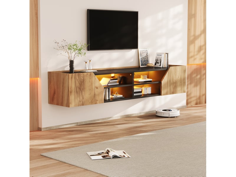Meuble tv mural 180x36,5x40 cm avec led bluetooth, 2 portes, noir et effet bois - Conforama B