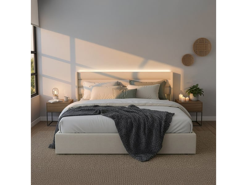 Lit home deluxe led – 200 x 200 cm, beige | lit rembourré avec éclairage - Conforama B