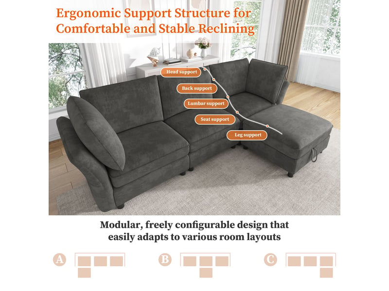  Canapé d’angle modulable 4 places 225 cm avec pouf de rangement, effet cloud, tissu chenille, assise moelleuse, gris  - Conforama E
