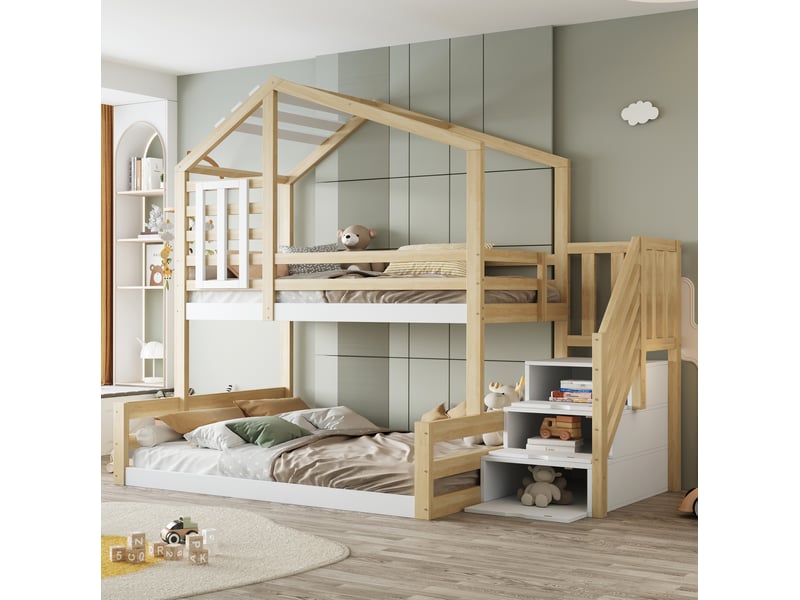  Lit superposé enfant 90 x 200 cm naturel en bois et mdf, escalier avec rangements, structure maison  - Conforama B