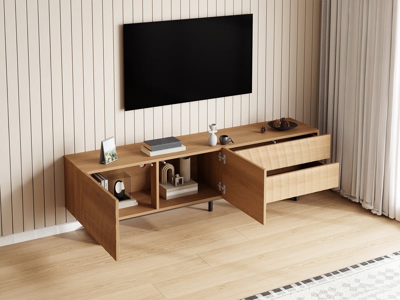  Meuble tv scandinave 180 cm avec texture 3d et pieds métal - naturel  - Conforama B