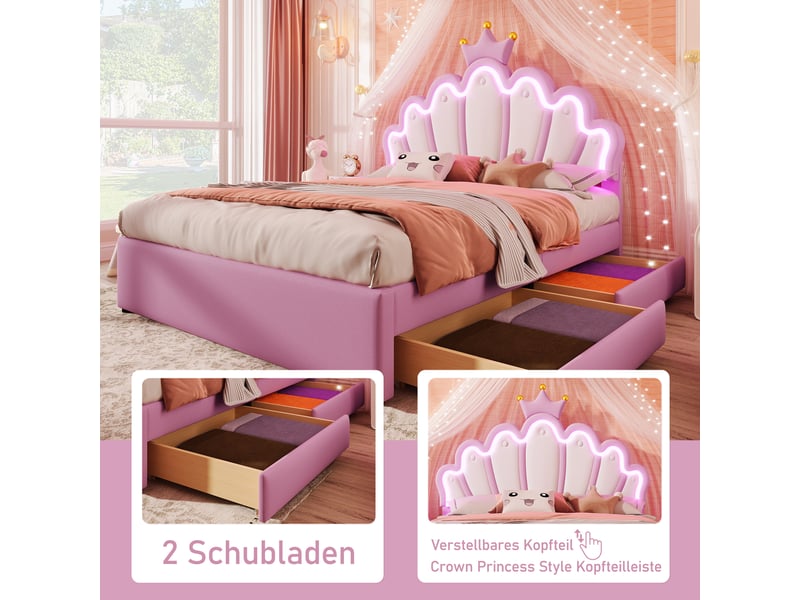  Lit enfant 140x200 cm avec led, tiroirs, sommier et tête réglable, lit princesse, pu rose, sans matelas  - Conforama E