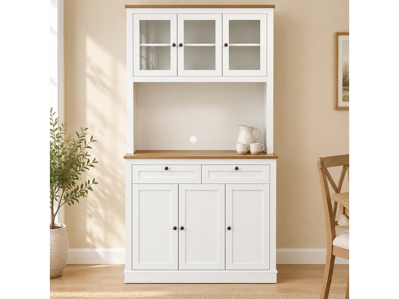  Buffet de cuisine 100x40x180 cm avec placards et 2 tiroirs, blanc et finition chêne  - Conforama D