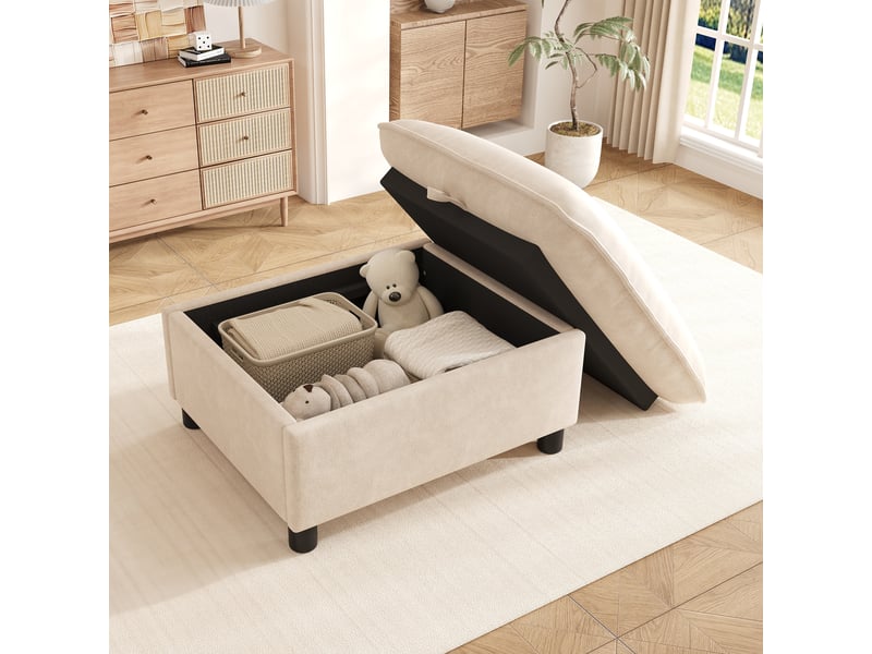  Pouf coffre en chenille beige, repose-pieds rembourré, banquette rangement 98x65x48 cm  - Conforama E