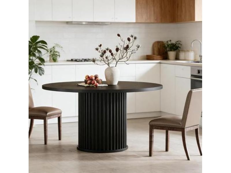  Table de salle à manger pour 6 personnes avec base métallique et pieds réglables, en bois noir, 120 × 120 × 75 cm  - Conforama B
