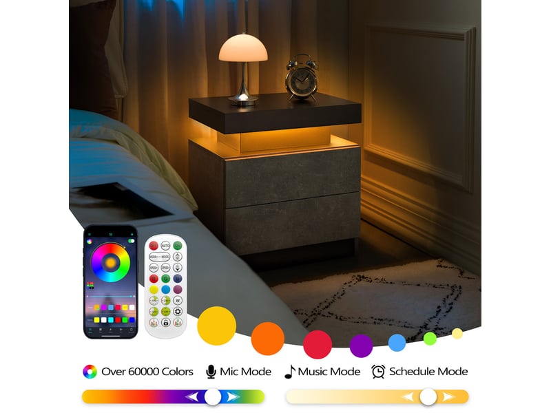  Table de chevet led moderne – 2 tiroirs et rangement ouvert – gris – 50 × 53 × 36 cm  - Conforama E