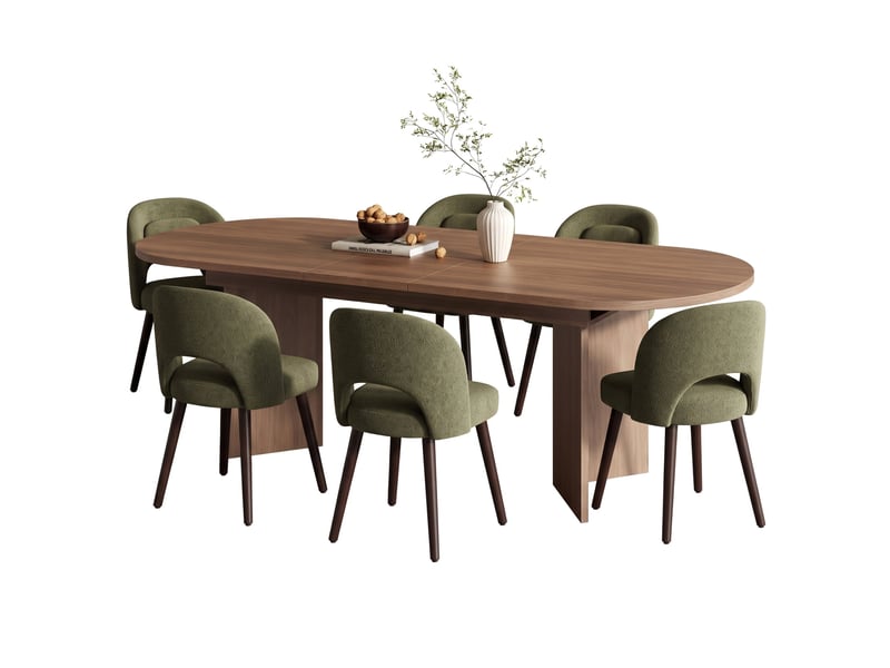  Ensemble table et 6 chaises de salle à manger, table extensible 160200 x 90 cm noyer, chaises vertes en bois d’hévéa avec coussin en mousse  - Conforama A