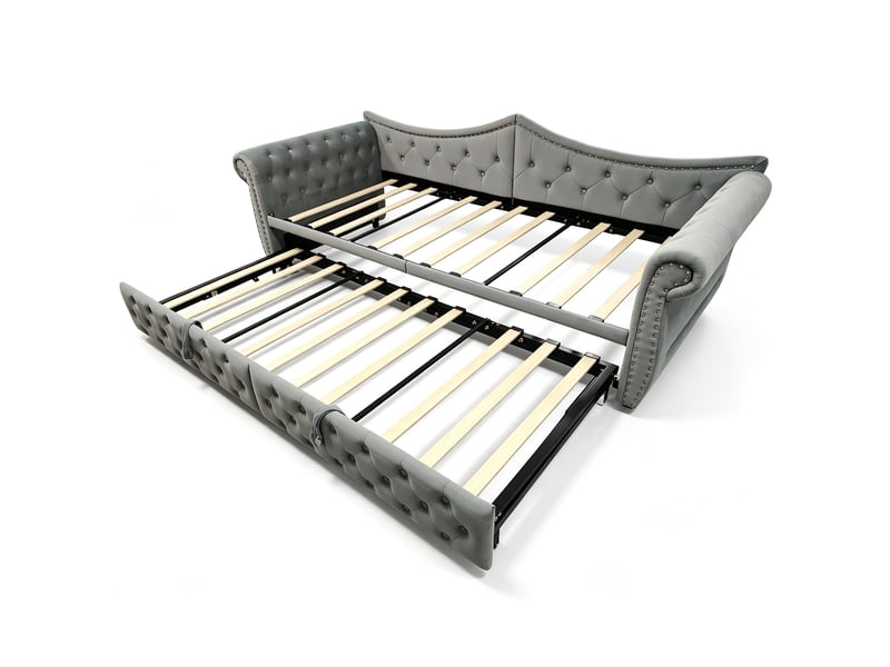  Lit gigogne 3-en-1 90x200 cm en velours gris avec usb et led, sans matelas  - Conforama R
