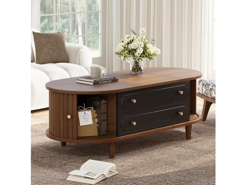  Table basse 100 x 50 x 36 cm, 2 tiroirs, 2 portes à volet, 6 poignées métal, panneau de particules, noir et noyer  - Conforama W