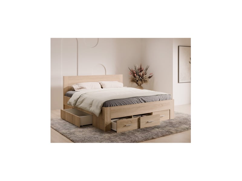 Lit adulte fjord 180x200cm chêne clair avec 5 tiroirs sans sommier - Conforama B