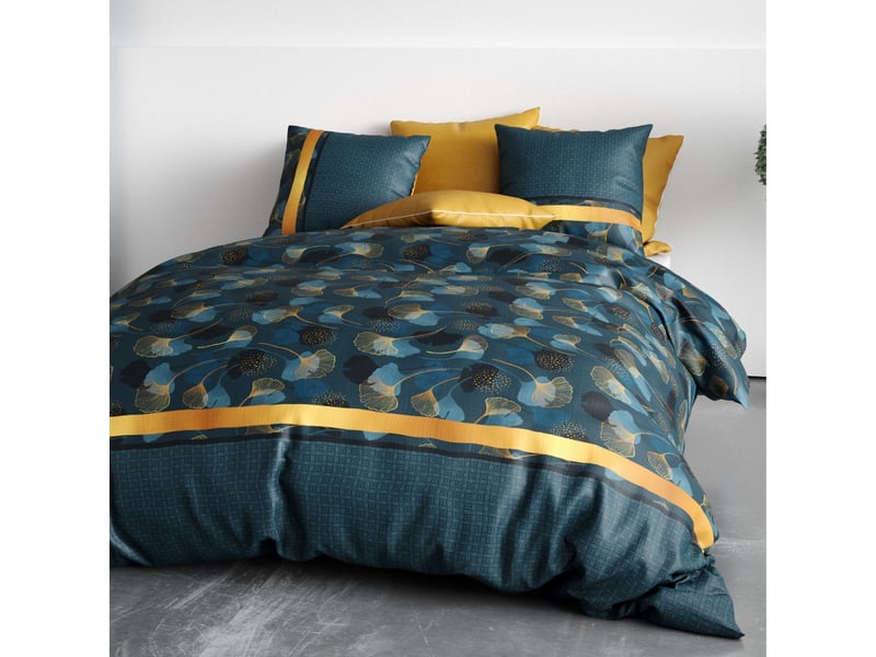  Parure housse de couette 240x220cm + 2 taies motif feuillage ginko bleu et jaune 100% coton - jayan JAYAN - Conforama B