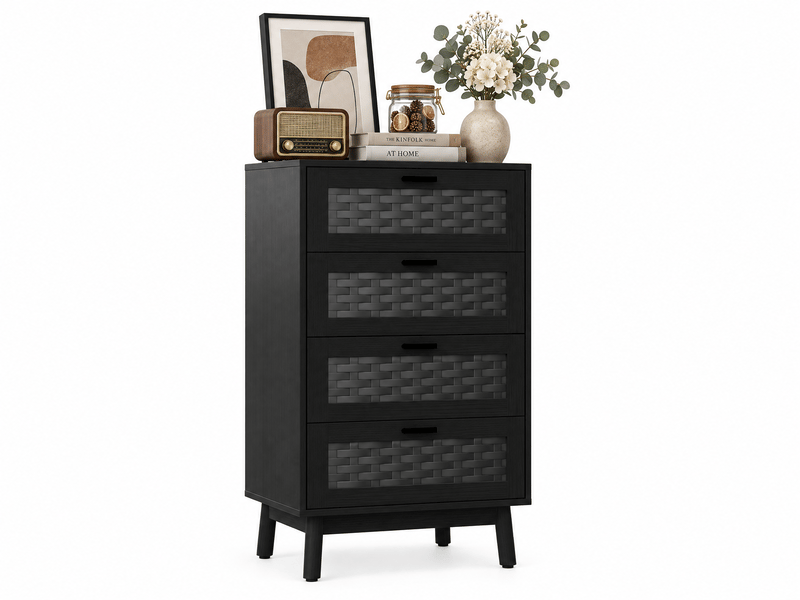  Commode noir avec 4 tiroirs, meuble de rangement en bois et rotin, commode chambre cannage scandinave 55x40x95 cm  - Conforama A