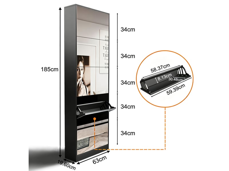  Meuble à chaussures noir 63 cm avec miroir intégral et 5 compartiments abattants, ultra-fin pour l'entrée  - Conforama C