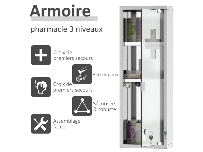  Armoire à pharmacie 2 étagères 3 niveaux 20l x 12l x 58h cm porte trempé verre symbole croix acier inox.  - Conforama A