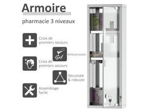 Armoire à pharmacie 2 étagères 3 niveaux 20l x 12l x 58h cm porte trempé verre symbole croix acier inox.