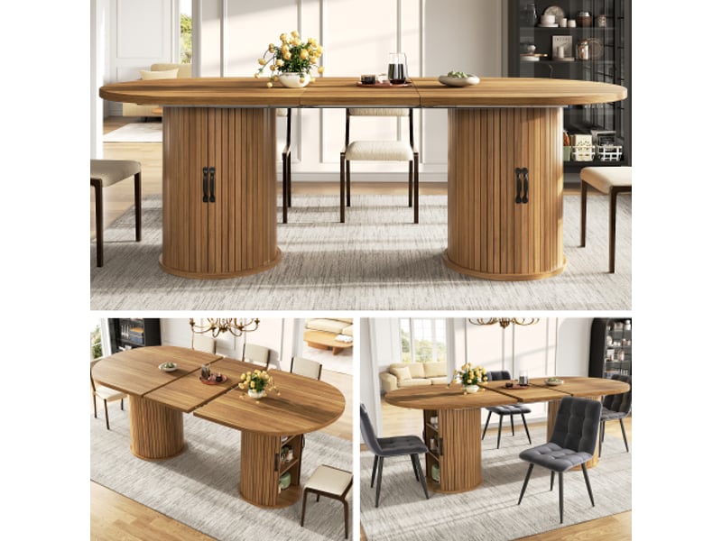  Table à manger extensible 150–190 cm, polyvalente, gain de place, rangement caché, poignées métalliques, brun foncé  - Conforama D