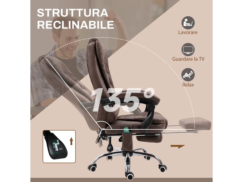  Fauteuil de bureau massant marron, inclinable de 90 à 135 degrés, repose-pieds  - Conforama R