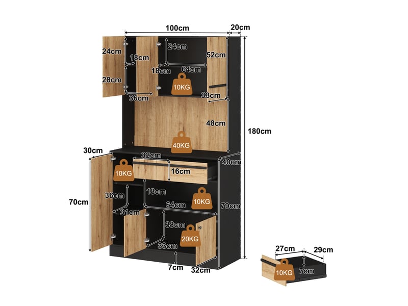  Buffet haut de cuisine 100x40x180 cm, 2 tiroirs, plan de travail, led rgb via application, étagères réglables, niche ouverte, effet bois et noir  - Conforama D