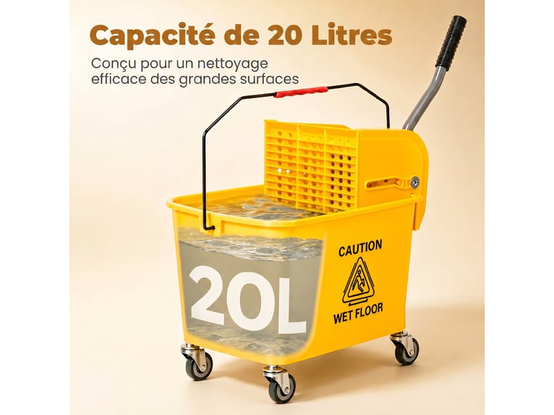  Chariot de nettoyage lavage seau de ménage 20 l 60l x 27l x 70,5h cm avec essoreur et séparateur eau sale propre jaune  - Conforama W