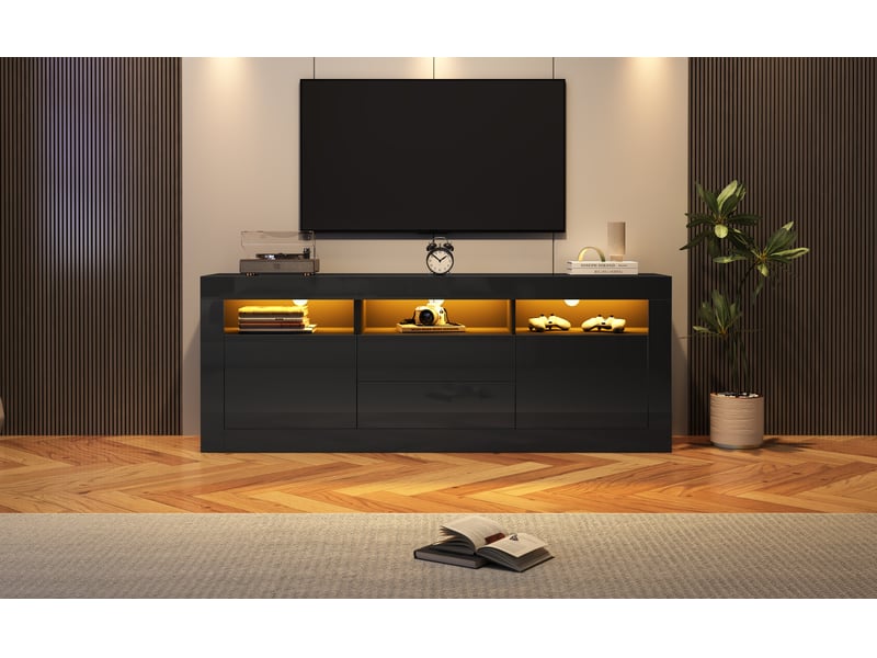  Meuble tv 160 cm noir laqué avec led bluetooth - pour écran 70 pouces - 2 tiroirs push to open  - Conforama R