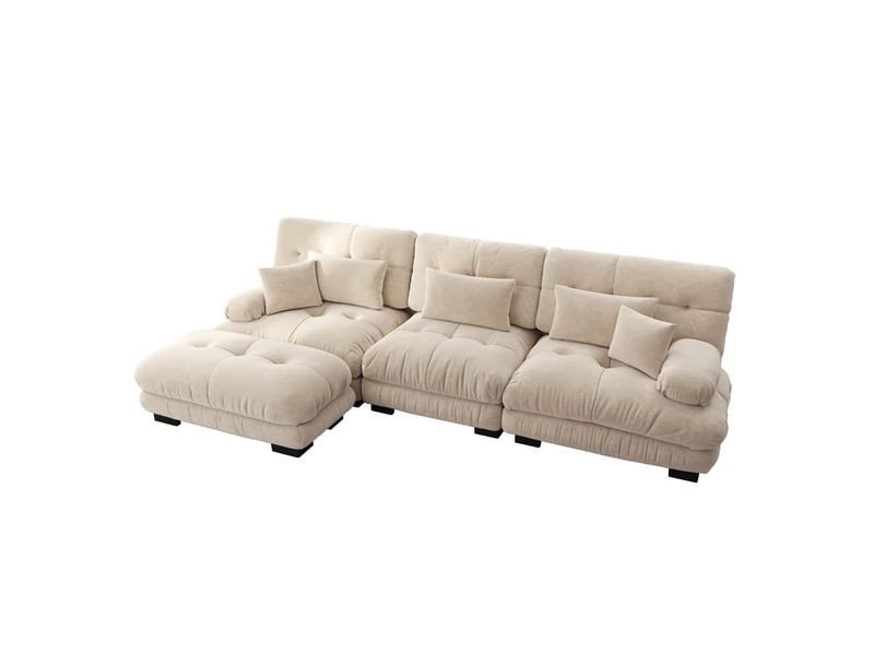  Canapé d'angle modulable 3 places en velours côtelé beige clair avec ottomans mobiles, confort profond au salon  - Conforama A