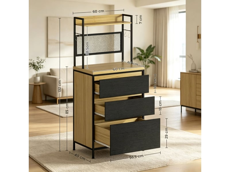  Buffet de cuisine 3 tiroirs plan de travail compartiment de rangement 4 crochets style industriel  - Conforama C