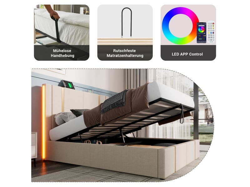 Lit coffre enfant 160x200 cm, led, port usb type-c, tête de lit, sommier, lin beige, matelas inclus - Conforama R