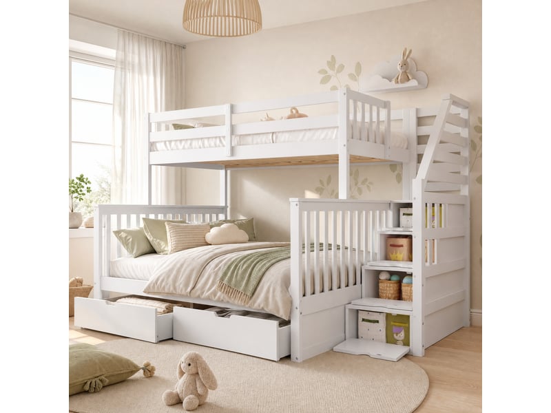  Lit superposé enfant blanc 90 x 200 cm et 140 x 200 cm avec tiroirs de rangement  - Conforama B