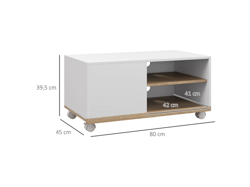  Meuble tv sur roulettes avec 2 freins - en bois blanc chêne clair - 2 niches + placard porte 2 passe-fil  - Conforama C