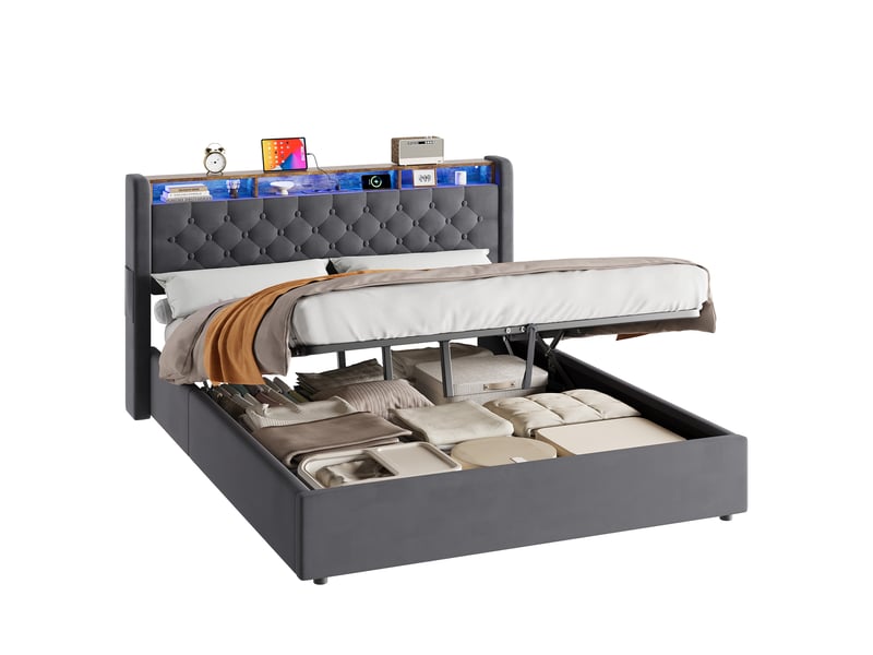  Lit coffre rembourré 160x200 avec tête de lit rangement et coffre de lit cravdom  - Conforama A