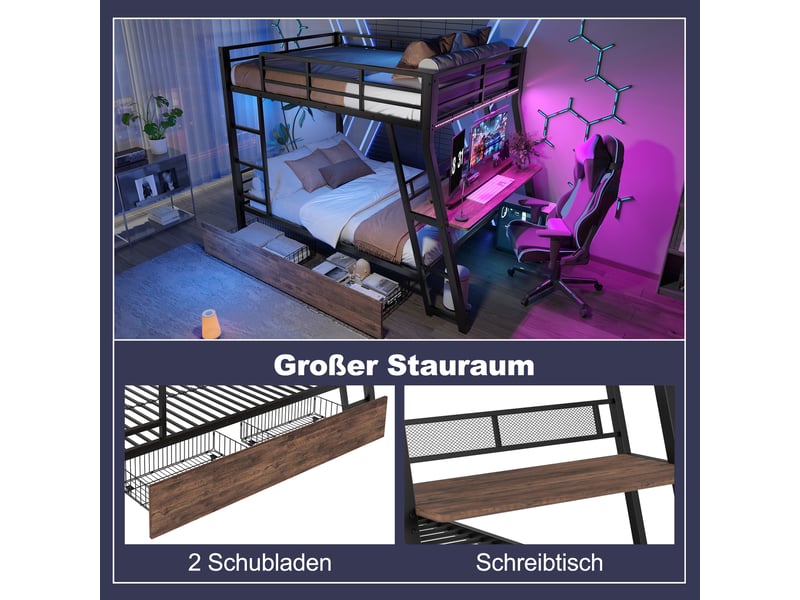 Lits superposés enfant 140x200 cm, led, table, tiroirs, garde-corps, sommiers, métal noir, sans matelas - Conforama D