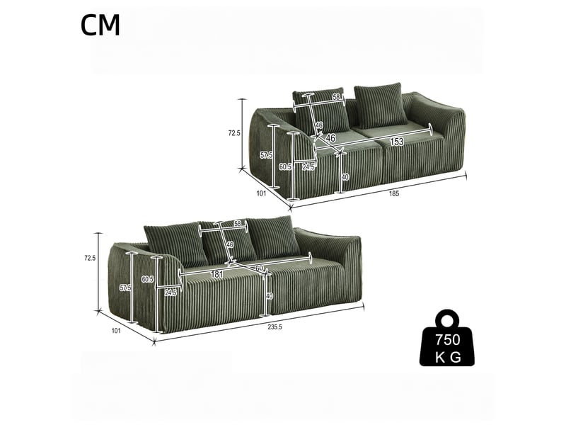  Canapé droit épuré en velours côtelé, silhouette fine, dossier en pente douce, 5 coussins, vert  - Conforama C