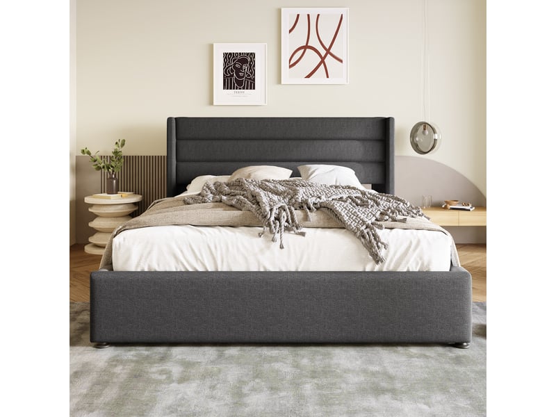 Lit 160x200 cm gris en tissu – sommier à lattes et grand coffre de rangement, sans matelas - Conforama B