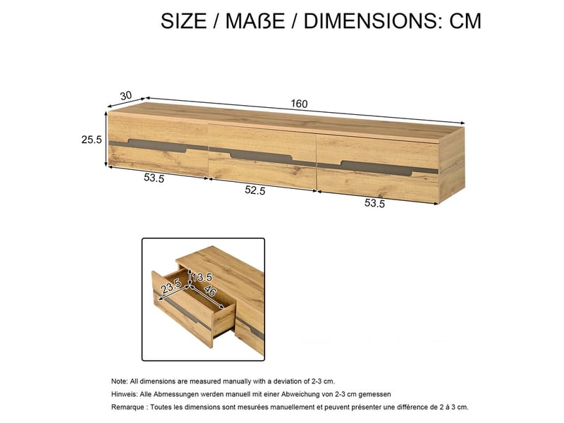  Meuble tv suspendu, 160 x 30 x 25,5 cm, aspect bois, avec 3 tiroirs et poignées invisibles, pour salon  - Conforama C