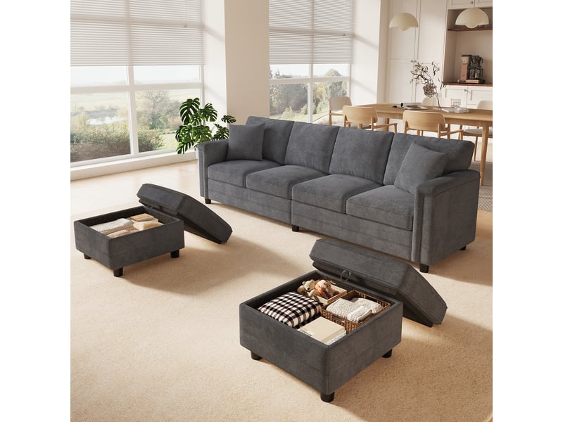  Canapé modulable gris en tissu chenille avec 2 poufs de rangement  - Conforama E