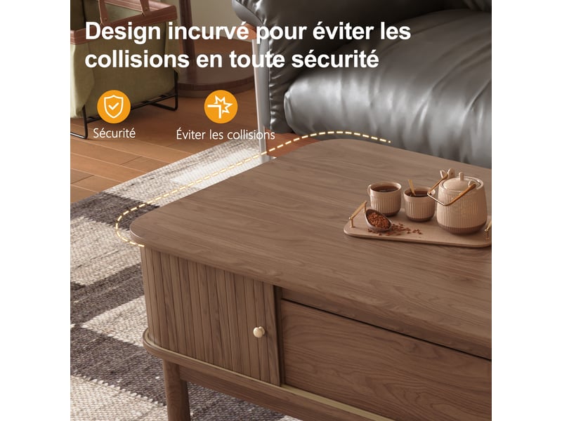  Table basse 120 × 62 × 41 cm en mdf avec tiroir, portes coulissantes à lamelles et rangement caché, marron, pour salon  - Conforama R