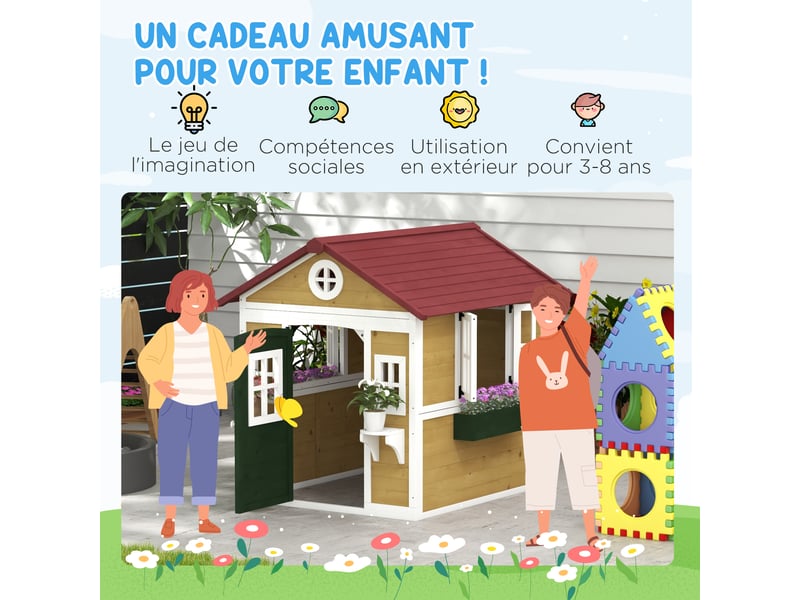  Cabane enfant extérieur maison enfant extérieure avec porte fenêtres et jardinières beige 114 x 126,4 x 135 cm  - Conforama R