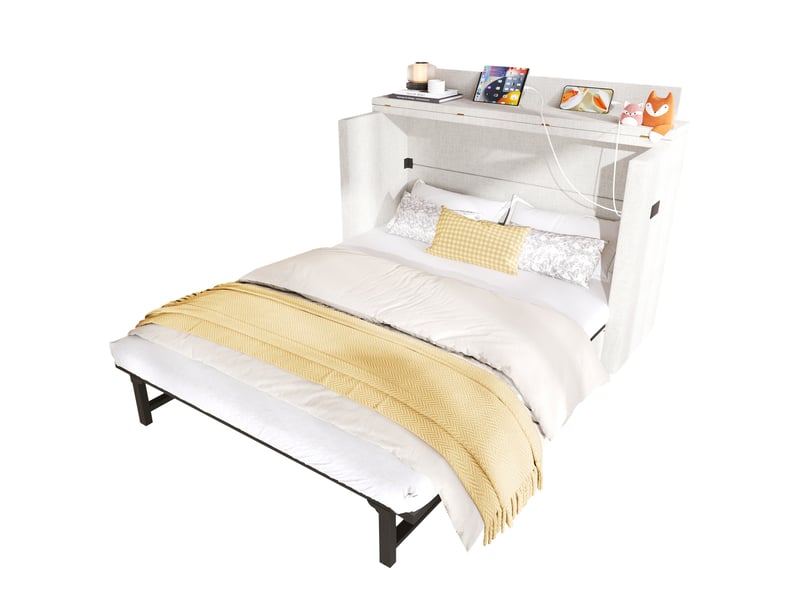  Lit escamotable 140 x 200 cm avec un tiroir, lit mobile avec compartiment de rangement, ports usb et type-c, lit plateforme convertible, sans matelas, lin, beige  - Conforama A