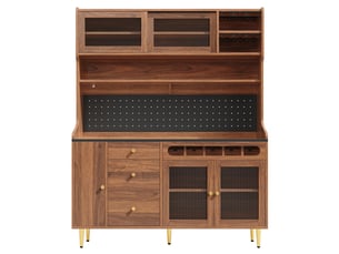 Buffet haut coloris noyer, 145x39x171 cm, mdf et verre, led, rangement à bouteilles coulissant et étagères réglables