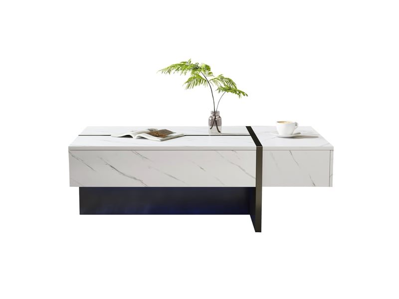 Table basse blanche finition brillante avec led et 3 tiroirs 105x60x35cm motif marbre - Conforama E